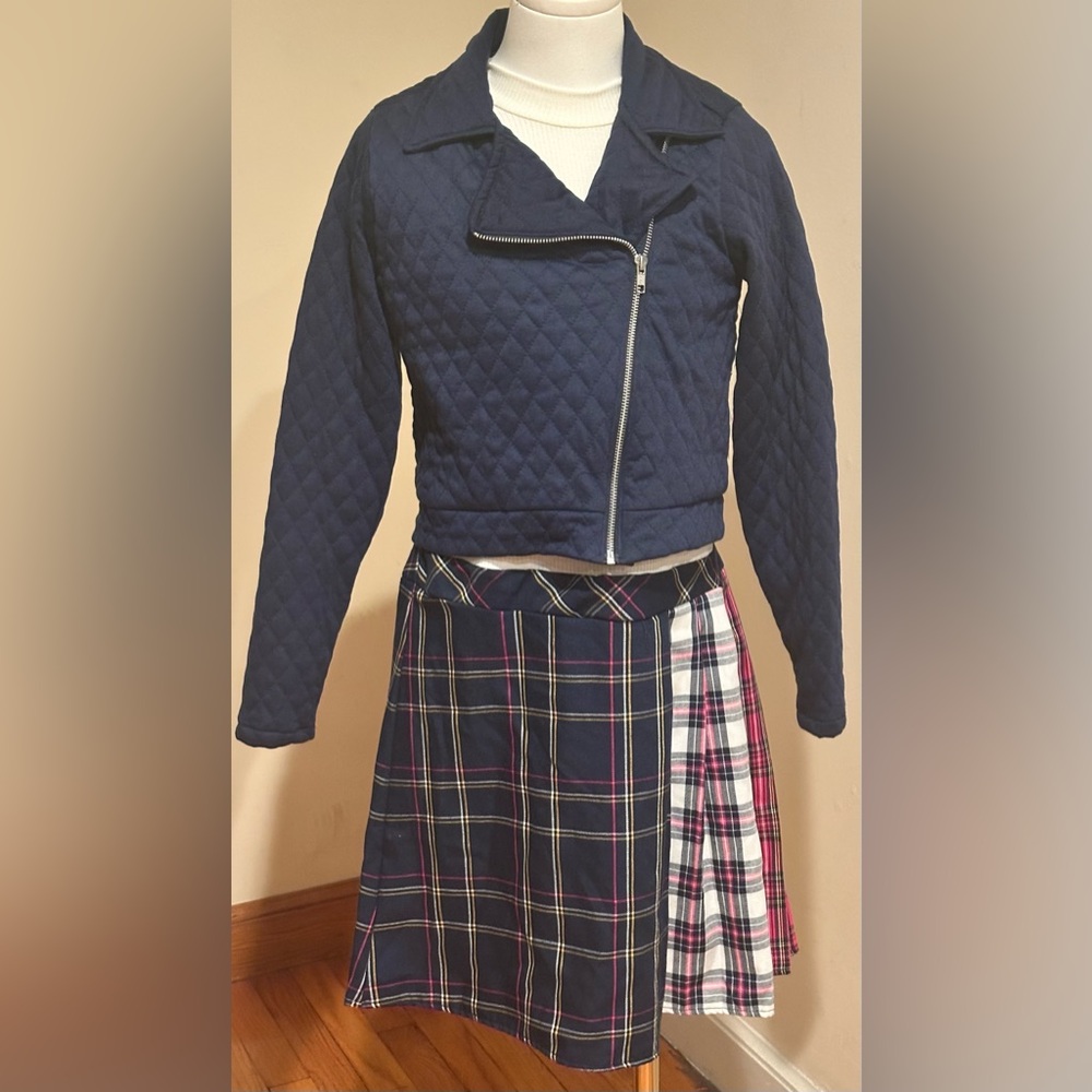 WONDER NATION Blue White Pink Yellow Plaid Dress- Quilted Jacket Sz XL 14-16